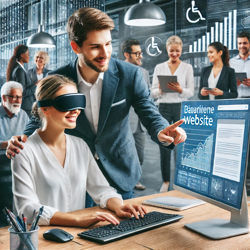 Ein Webentwickler optimiert eine barrierefreie Website auf einem großen Bildschirm, während eine Person mit Sehbehinderung mit einem Screenreader arbeitet. Im Hintergrund nutzen Menschen verschiedene barrierefreie Technologien in einer modernen Büro-Umgebung.