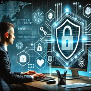 Entwickler arbeitet an einem Computer mit Cybersicherheitswarnungen, während Schutzsymbole und eine Firewall digitale Bedrohungen blockieren.