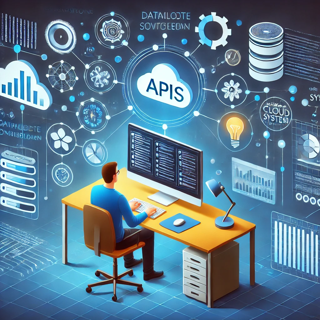 Entwickler arbeitet an einer API-Integration, während digitale Verbindungen und Cloud-Technologien die Schnittstellenkommunikation zwischen Unternehmenssystemen symbolisieren.